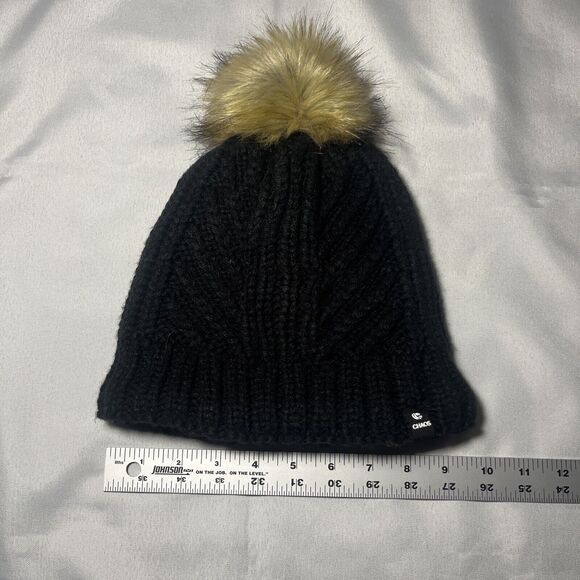 Womens Chaos Beanie Black Fleece Lined Faux Fur Pom Hat One Size Knit Watch Cap - Picture 5 of 6